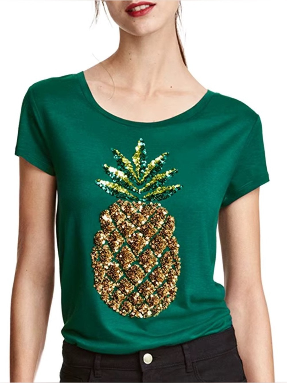 H&M Women's Sequin Pineapple Crewneck Tee Shirt in Green Size Large